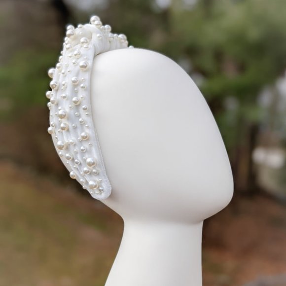Ivory Pearl Knot Velvet Headband Pearl Beads Handmade Knotted Turban Maximalist main image 8